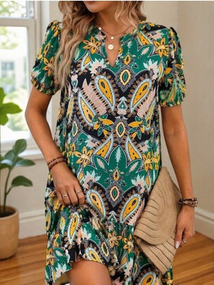 Cotton Lab Cottonlab Kadın Kısa Kollu V Yakalı Desenli Kısa Süprem Elbise