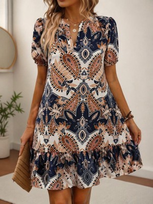 Cotton Lab Cottonlab Kadın Kısa Kollu V Yakalı Desenli Kısa Süprem Elbise