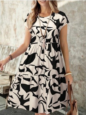 Cotton Lab Cottonlab Kadın Kısa Kollu Bisiklet Yaka Desenli Fırfırlı Süprem Elbise