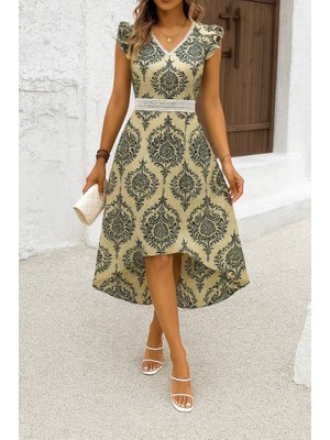 Nidam Butik Kadın Kısa Kollu V Yakalı Çiçek Desenli Önü Kısa Arkası Uzun Pegasus Elbise