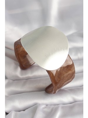 Siv Ticaret Kahverengi Mermer Desen Akrilik Plastik Gümüş Plaka Model Vintage Kadın Bilezik - Lisinya