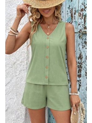 Meğdaix Kadın Askılı Kolsuz V Yakalı Önden Düğmeli Bürümcük Bluz ve Short Ikili Takım