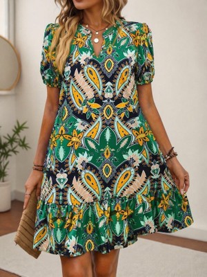 Deridün Yıldız Shoes Kadın Kısa Kollu V Yakalı Desenli Kısa Süprem Elbise