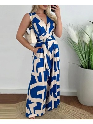 Gacha Kadın Askılı Kruvaze Yakalı Belden Kuşaklı Uzun Desenli Süprem Tulum