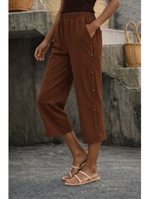 Deridün Yıldız Shoes Kadın Yüksel Bel Lastikli Yandan Dügme Detaylı Midi Pantolon