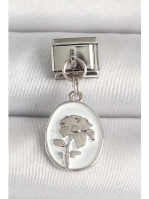 Nil Avm 316L Çelik Gümüş Renk Çiçek Işlemeli Beyaz Portre Model Charm
