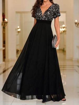 Emh Store Kadın Kısa Kollu Derin V Yakalı A Kesim Pulpayet Detaylı Şifon Nedime Elbisesi