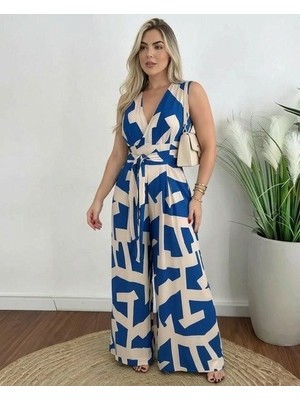 Emh Store Kadın Askılı Kruvaze Yakalı Belden Kuşaklı Uzun Desenli Süprem Tulum