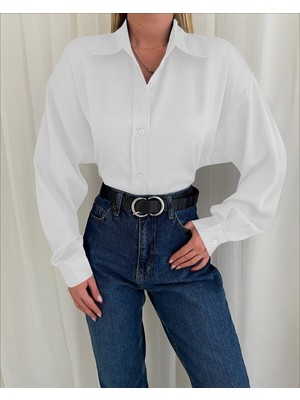 Moda Morfo Oval Kesim Düğmeli Saten Gömlek -Beyaz