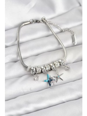 Uravas Store Pirinç Gümüş Renk Yıldız Model Charmlı Kadın Bileklik - TJ-BB8200