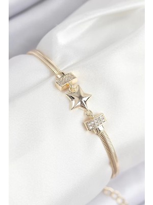 Uravas Store Pirinç Zirkon Taşlı Yıldız Model Gold Renk Kadın Bileklik - TJ-BB7899