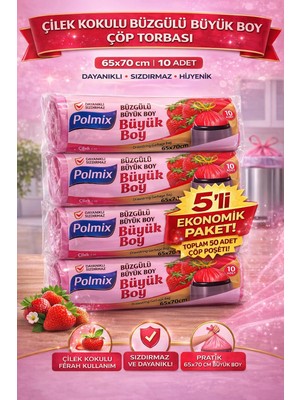 Nil Avm Polmix Çilek Kokulu Büzgülü Büyük Boy Çöp Torbası 65X70 cm 10'lu 5 Paket Dayanıklı Sızdırmaz Çöp Poşeti
