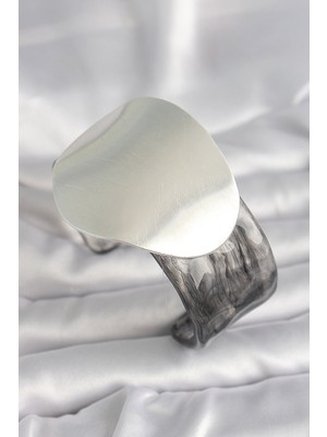 Tech Butiq Siyah Mermer Desen Akrilik Pilastik Gümüş Plaka Model Vintage Kadın Bilezik