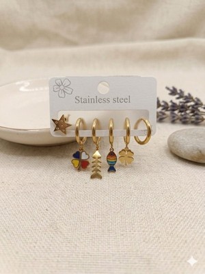 Nati Co Paslanmaz Çelik 3 Çift Küpe Seti - Renkli Mine Detaylı Balık, Kılçık ve Dört Yapraklı Yonca Modelleri