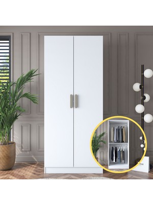 Rani BA159  Gardırop 2 Kapaklı Raflı 2 Askılı Elbise Dolabı Beyaz