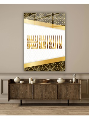 Nükte Tasarım Kelime-I Tevhid Kufi Hat Dikey Cam Tablo – Altın Detaylı Modern Islami Tasarım