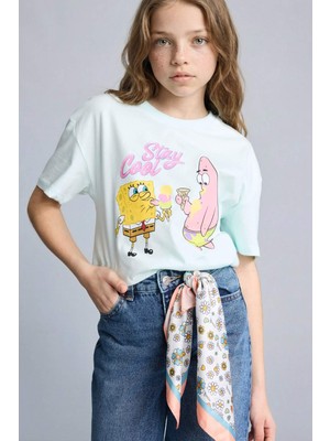 DeFacto %100 Pamuk SpongeBob Oversize Bisiklet Yaka Kısa Kollu Tişört Kız Çocuk G8198A826SM
