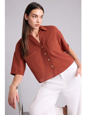 DeFacto Boxy Fıt Gömlek Yaka Keten Karışımlı Kısa Kollu GÖMLEK V2523AZ26SP