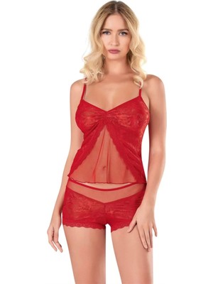 bebekokusu Kırmızı Jakarlı Babydoll Şort Takımı