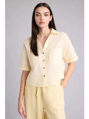 DeFacto Boxy Fit Gömlek Yaka Keten Karışımlı Kısa Kollu Gömlek V2523AZ26SP