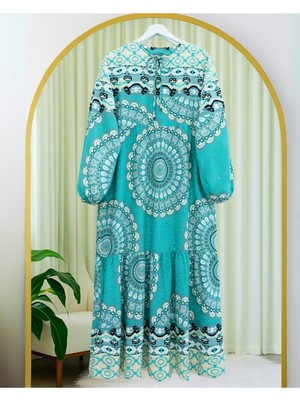 Moda Morfo Parçalı Deseli Bağcıklı Kolu Lastikli Elbise  -Mint