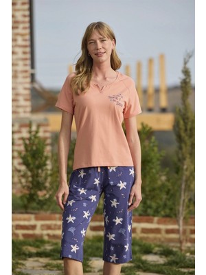 Pileli Store Pilelistore Deniz Yıldızı Desenli ve Baskılı Önü Düğmeli "listen The Song Of The Sea" Kapri Takımı