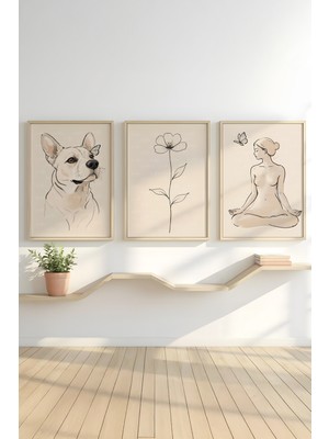 Tontilika Minimal Çizim Köpek, Çiçek ve Meditasyon Figürü 3 Parçalı Ahşap Çerçeveli Tablo Seti