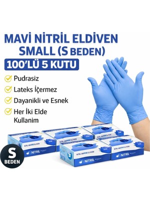 Nil Avm Mavi Nitril Eldiven Small S Beden Pudrasız 100’LÜ 5 Kutu Tek Kullanımlık Muayene Eldiveni Lateksiz Koruyucu Eldiven Seti