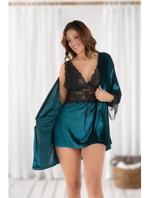 bebekokusu Petrol Yeşili Kadife Sabahlık & Gecelik Takım 2' Li - 1443