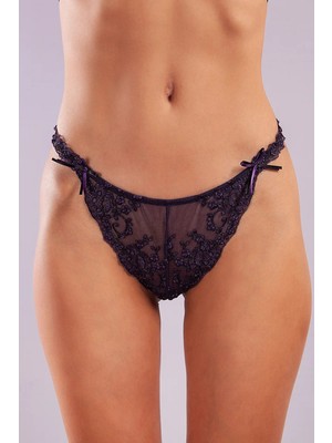 bebekokusu Golshan Giselle Mini String, Kadın Güpürlü Saten Mor String Külot
