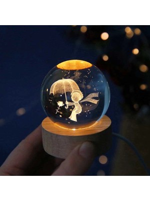 Nemere Dekoratif Küçük Prens Tasarımlı Ahşap Altlıklı Işıklı Cam Küre Büyük Boy Cam:8cm Ahşap:2cm