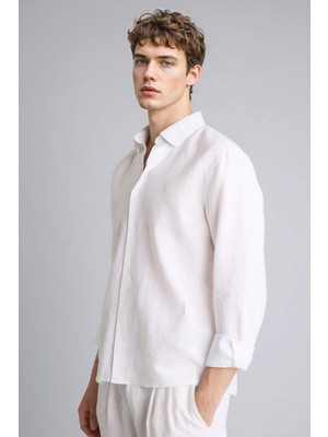 DeFacto %100 Keten Regular Fit Polo Yaka Yazlık Basic Düz Uzun Kollu Beyaz Gömlek C1825AX26SM