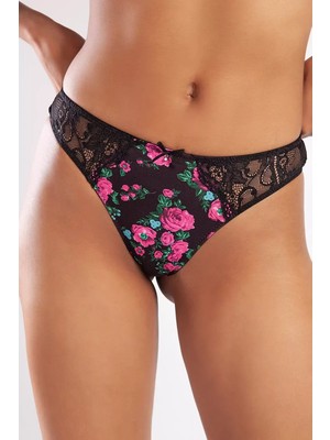 bebekokusu Golshan Gardenia Mini Sitring, Kadın Dantelli Çiçek Baskılı Siyah String Külot