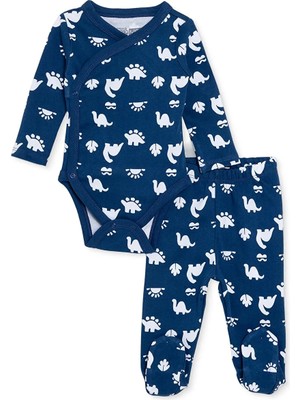Hellobaby Erkek Bebek Zıbın Body-Alt Dinozor Baskılı Zarf Yaka Long Sleeve Patikli