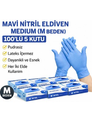 Nil Avm Mavi Nitril Eldiven Medium M Beden Pudrasız 100’LÜ 5 Kutu Tek Kullanımlık Muayene Eldiveni Lateksiz Koruyucu Eldiven Seti