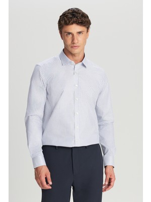 Altınyıldız Classics Erkek Mavi-Beyaz Non-Iron Ütü Gerektirmeyen %100 Pamuk Slim Fit Dar Kesim Klasik Yaka Armürlü Gömlek