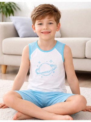 Organickid Astronaut Erkek Çocuk Mavi Atlet ve Kapri Pijama Takımı