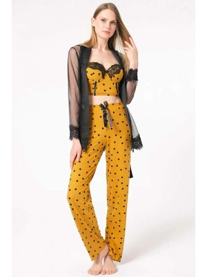 Pileli Store Pilelistore Tül Dantelli Sabahlık Balenli Destekli Dolgulu Puantiyeli Büstiyer Sütyen ve Pantolon Pijama 3'lü Takım