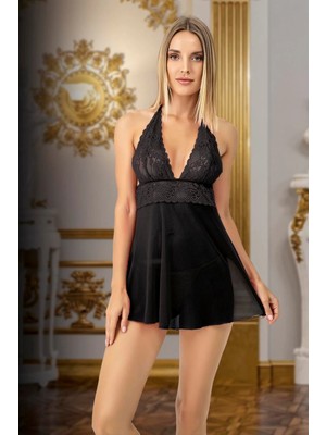 Pileli Store Pilelistore Siyah Dantel Işlemeli Boyundan Bağlamalı Fantezi Tül Gecelik Takımı