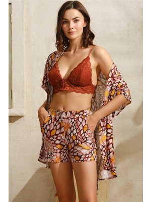 Pileli Store Pilelistore Ip Askılı V Yaka Pamuklu Geometrik Yazlık Mini Dantel Detaylı Şort Sabahlık Takımı