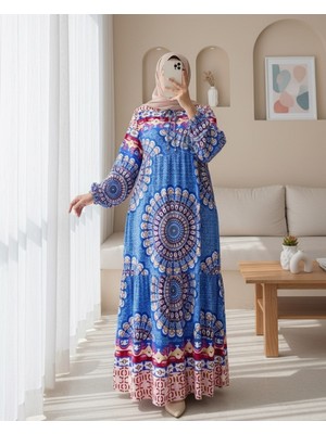Moda Morfo Parçalı Deseli Bağcıklı Kolu Lastikli Elbise  -Mavi