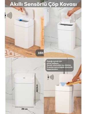 PremiumPort Hareket Sensörlü Sessiz Çöp Kutusu 18L Banyo ve Mutfak Için