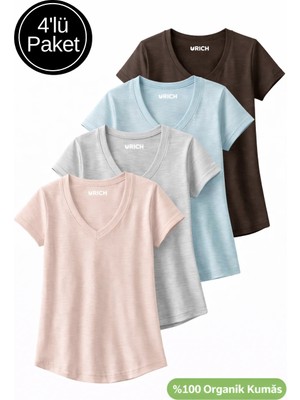 Rich Kadın 4'lü Paket Yavru Ağzı-Gri Melanj-Açık Mavi-Kahverengi %100 Organik Pamuk Tişört V Yaka T-Shirt