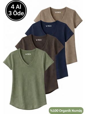 Rich Kadın 4'lü Paket Vizon-Lacivert-Kahverengi-Haki %100 Organik Pamuk Tişört V Yaka T-Shirt