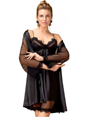 Pileli Store Pilelistore Dantel Detaylı Saten Gecelik ve Sabahlık Takımı Kimono Set