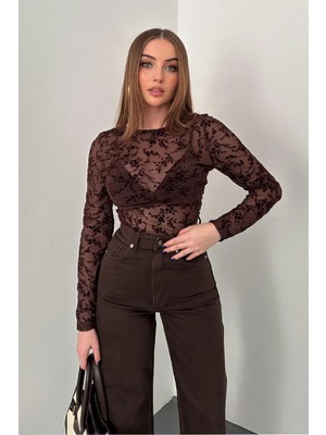 Elbee Fashion Woman Kahverengi Transparan Bluz