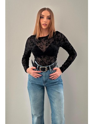 Elbee Fashion Woman Siyah Transparan Bluz