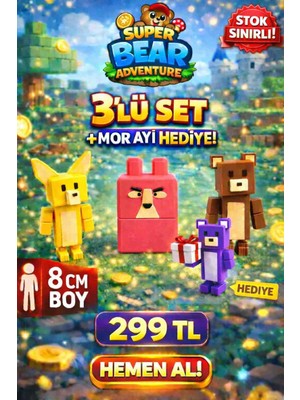 Voltrex Design Super Bear Adventure Oyuncak 3’lü Set + Mor Ayı Hediye |oynar Eklemli Figür |8 cm Koleksiyon Oyuncak