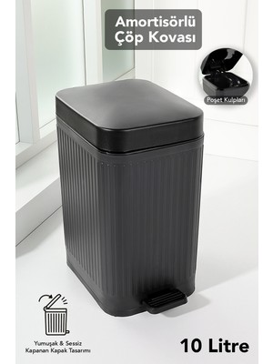 PremiumPort 10 Lt Pedallı Sessiz Çöp Kovası, Yavaş Kapanan Amortisörlü Kapak