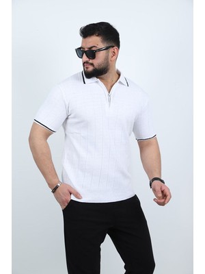 Beyaz Yarım Fermuarlı Polo Yaka Düz Triko Örme Tişört